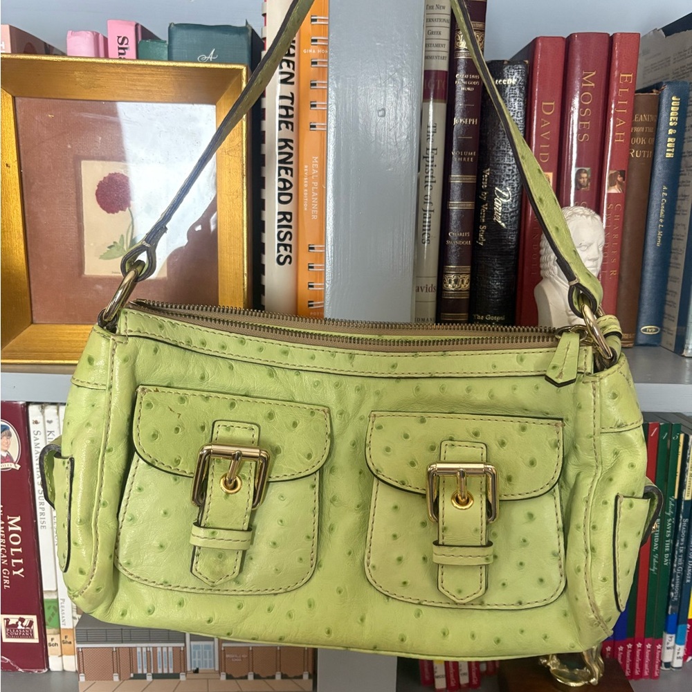 Dooney & Bourke Green Yellow Ostrich Embossed Leather Shoulder Bag Barrel Style - Picture 4 of 12